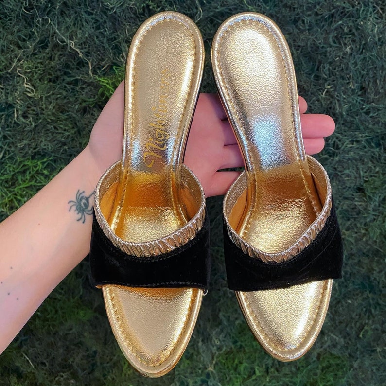 1960s Boudoir Black and Gold Metal Heel Mules | Etsy