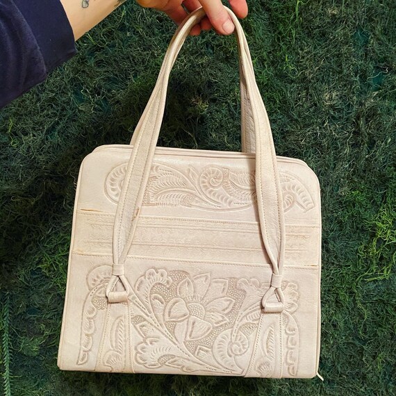 1970s Cream Tooled Leather Handbag