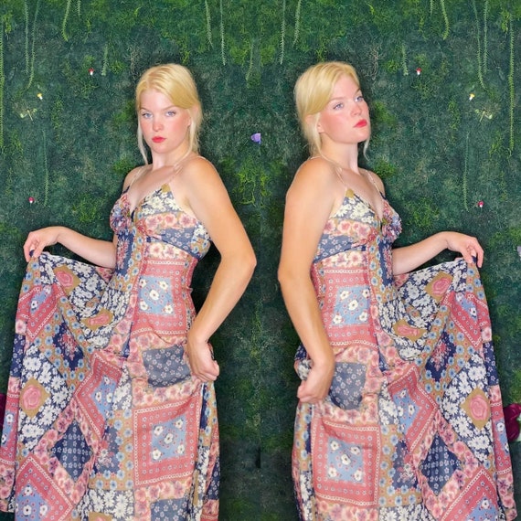 1970s Patchwork Floral Gown