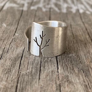 Wide Sterling Silver Asymmetrical Ring with Tree
