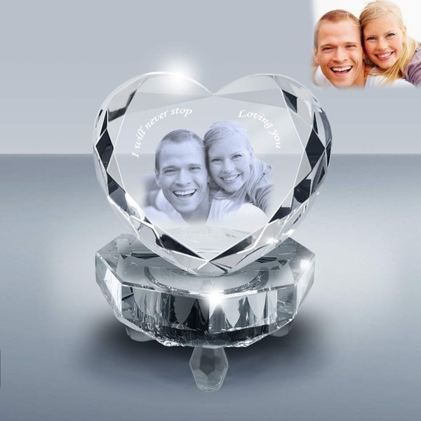 Personalized 3D Crystal Photo Heart Gift Set A039 for Holidays, Valentines, Mother's Day, Anniversary, Laser Etched Crystal with Light Base