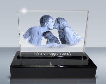 Custom Laser Etched Photo Crystal, LED Light Base, Personalized Gift (7x5 inches)
