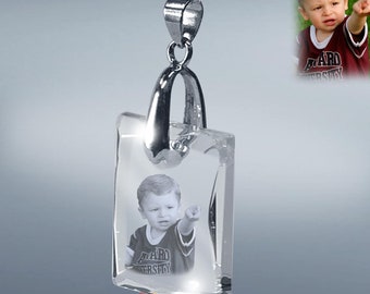 Laser Etched Photo Crystal Pendant Necklace, Personalized Beveled Glass