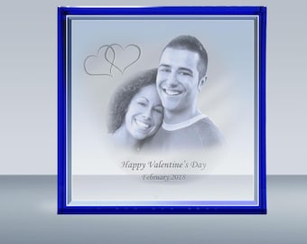 Custom Blue Framed Crystal  - Valentine's Day Gift (5"x5"x1")