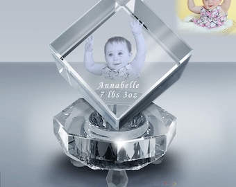 3D Photo Laser Etched Crystal Cube with LED Base, Personalized Gift
