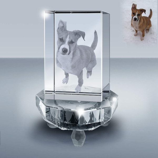 Custom Photo Crystal, Etched Picture in Crystal and  LED Lighted Base Gift Set by Goodcount, Vertical or Horizontal Position