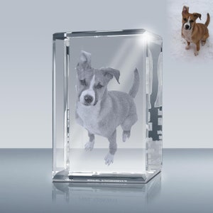 May include: A clear glass cube with a 3D laser engraved image of a dog. The dog is looking at the camera with its ears perked up. The image is in black and white.