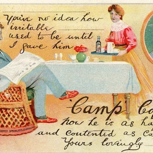 Postal cómica de la década de 1910 de un matrimonio en "Camp Coffee", R. Paterson & Sons, Glasgow