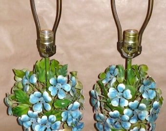 Pair 1940's Blue Hydrangea Hollywood Regency Floral Metal Italian Table Lamps