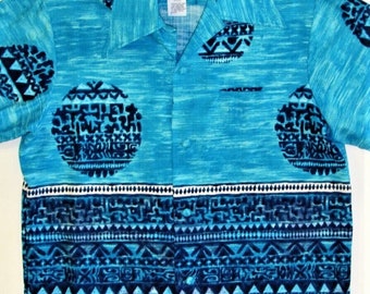 Vintage 1960s 1970s Pacific Isle Hawaiian Blue Beach Tiki Exotica Shirt Large size