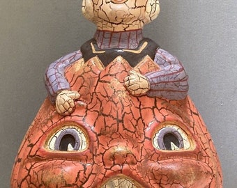 Vintage Folk Art Halloween Witch in Double Faced Pumpkin Ceramic