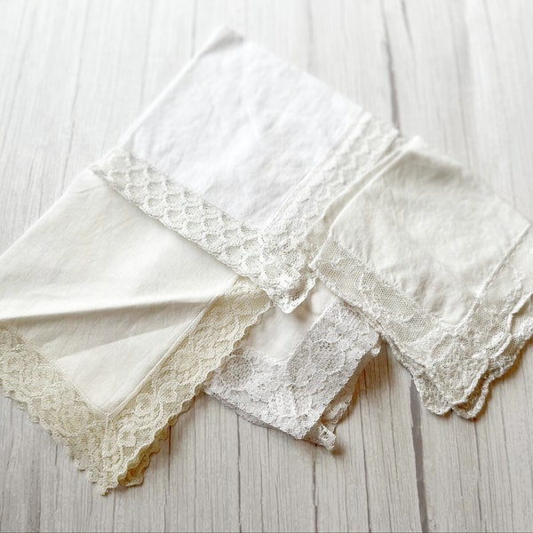 4 x Vintage White lace Handkerchiefs, Beautiful Handkerchiefs, White Lace Handkerchiefs, Vintage Embellished Cotton SURPRISE Pack # LACE