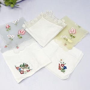 Stunning Classic  Vintage Handkerchiefs, 5 x Hankies,  Beautiful Embroidery, Switzerland, Nylon, Floral, Pastel Handkerchiefs Collection