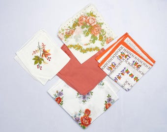 Orange geblümte Baumwolle Taschentücher, Vintage Gedruckte Taschentücher, Hochzeit Taschentuch, etwas altes, bestickte Taschentücher