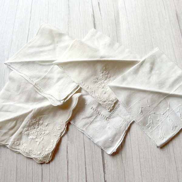 Set of 5 White Vintage Embellished Cotton Handkerchiefs, SURPRISE PACK, Beautiful Handkerchiefs, White Cotton hankies, #PLAIN white