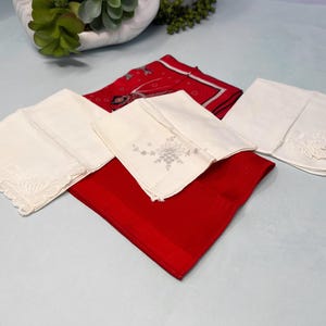 Parisian, Classic Mixed Vintage Handkerchiefs, Set of 5 Hankies,  Mixed Embroidery with Print and Plain, Red Handkerchiefs Collection