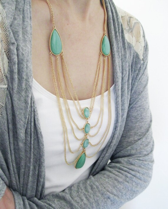 Items similar to Mint Statement Necklace, Long Necklace, Gold Chain
