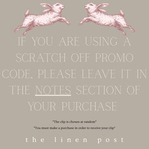 text that appears to be a promotional message for a scratch-off promotion. It includes a graphic of two rabbits jumping in the air and a note about the code being left in the notes section of a purchase.