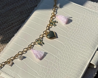 A5 Planner Decoration Accessory | Journal Chain Decor for Planning | Gold Heart Pink Planner Chain with Charms | Stationary | Luxe