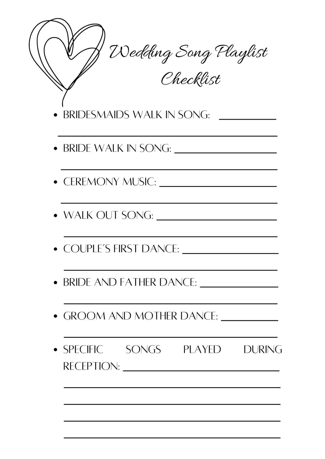 Wedding Song Playlist Checklist Etsy
