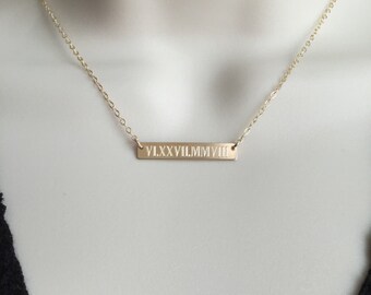 Bar Necklace. Roman Numeral Date. Personalized Name Necklace. Sterling Silver. Gold Filled. Rose Gold. Engraved Name Bar. Layering Necklace.