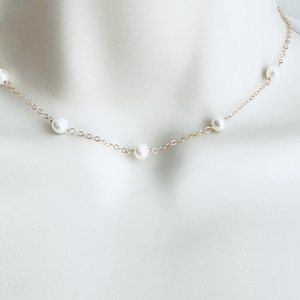 Dainty Tin Cup Pearl Choker Necklace. Elegant Station Necklace with White Freshwater Pearls. Minimalist Jewelry for Everyday or Bridal Wear.