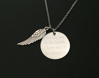 Personalized Angel Wing Necklace. Stainless Steel Necklace. Remembrance Necklace. God Has You in His Hands, I Have You in My Heart Necklace.