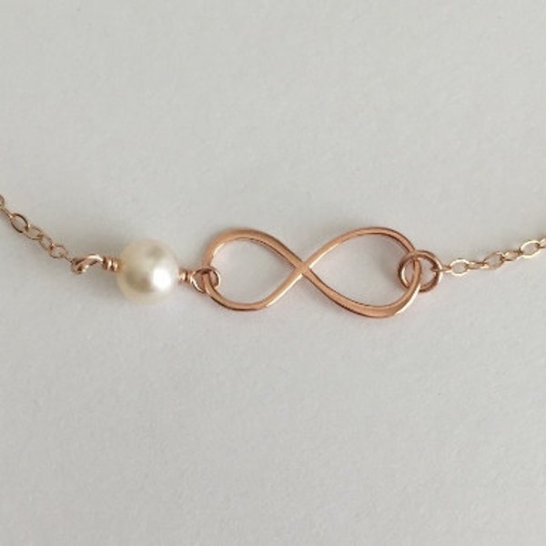 Rose Gold Infinity Bracelet. Personalized Rose Gold Bracelet. Infinity Pearl Bracelet. Friendship. Bridesmaid Bracelet. Pink Gold Bracelet