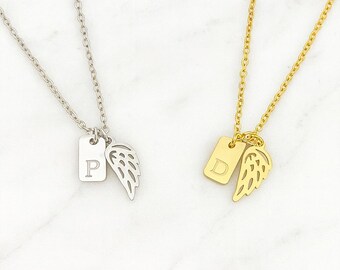 Minimalist Initial Necklace with Angel Wing Charm • Memorial Necklace • Personalized Letter Pendant • Gold or Silver Angel Wing Jewelry