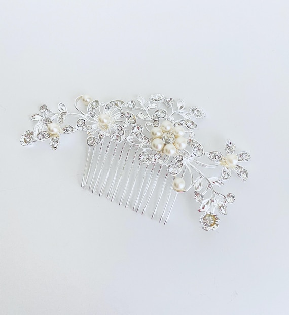 Bridal Pearl Hair Comb. White Glass Pearl and Rhinestone  display picture 1