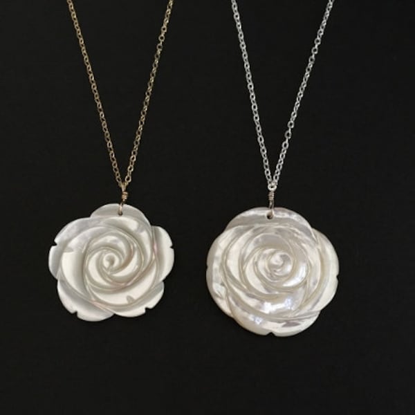 White Rose Necklace. Sterling Silver.Gold Filled.Rose Gold. Hand Carved Rose. White Shell Rose. Large Rose Pendant.Layering Necklace.Wedding