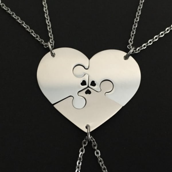 3 Stainless Steel Heart Puzzle Necklaces. 3 Piece Puzzle Necklaces. Personalized Puzzle Necklaces. Matching Puzzle Necklaces. Jigsaw Puzzles