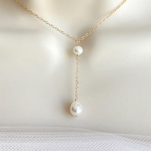 Delicate Dangle Long Pearl Y Necklace. Minimalist Bridal