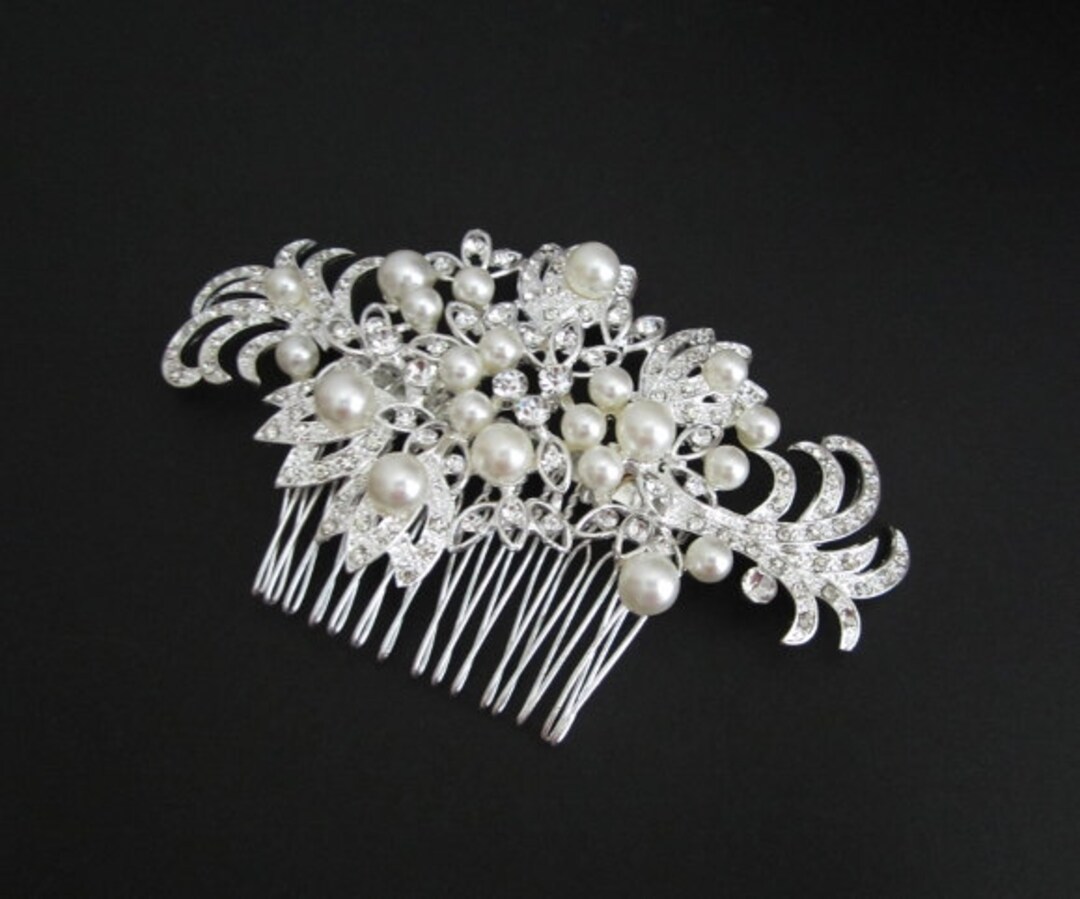Bridal Hair Comb. White Glass Pearl Hair Piece. Sparkle Rhinestone Hair