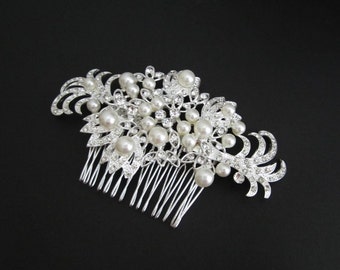 Bridal Hair Comb. White Glass Pearl Hair Piece. Sparkle Rhinestone Hair Comb. Wedding Hair Accessories. Bridal Crystal Comb. Silver Comb