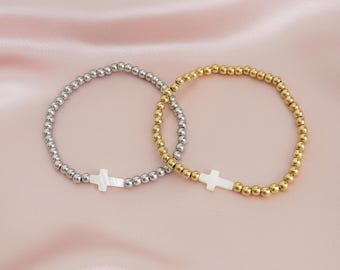 Minimalist Shell Cross Bracelet for Women • Stretch Stainless Steel Beaded Bracelet • First Communion Baptism • Religious Jewelry for Her