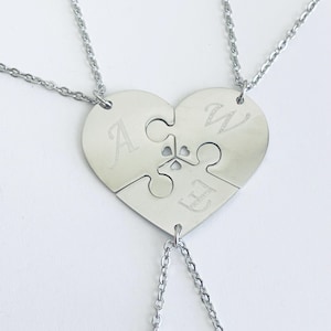 Personalized Stainless Steel Heart Puzzle Necklace Set. Monogram Jigsaw Puzzle Friendship Necklaces. 3 Best Friends Necklace Set.