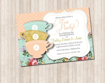 Tea Cup Party / Shower Invitation with gold glitter and pearls