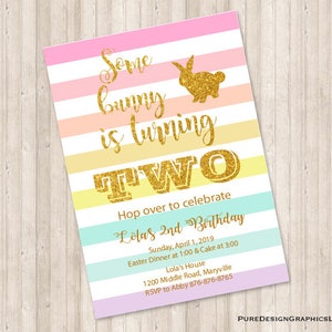 Some Bunny Invitation for Birthday, Easter, Spring! Gold glitter and pastel