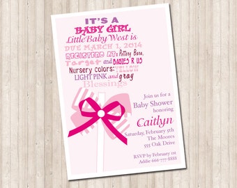 Baby Girl Shower Rattle Invitation with Bow