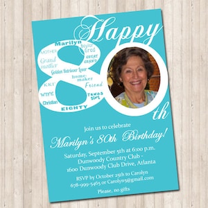 80th Birthday Invitation with picture can do any age & colors image 1