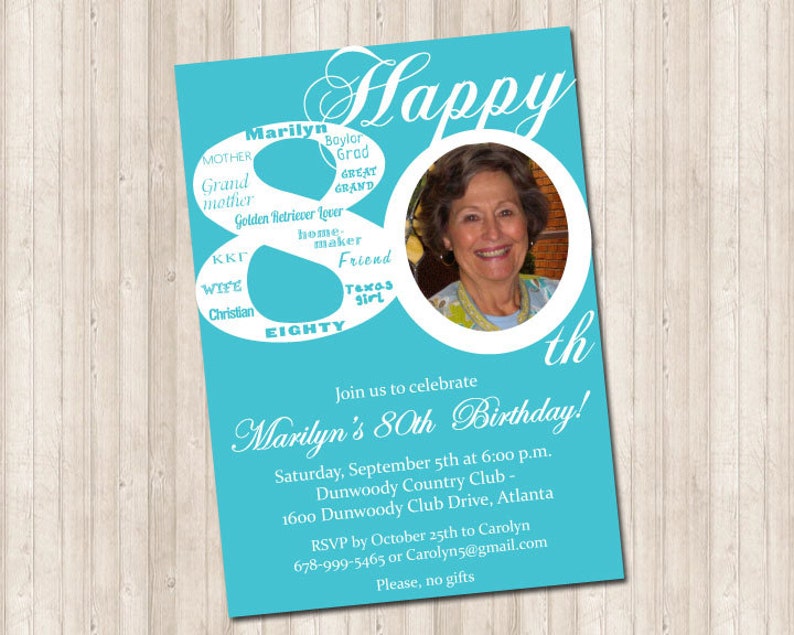 80th Birthday Invitation with picture can do any age & colors image 1