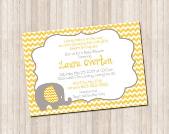 Custom Baby Shower Elephant Invitation- chevron yellow & gray