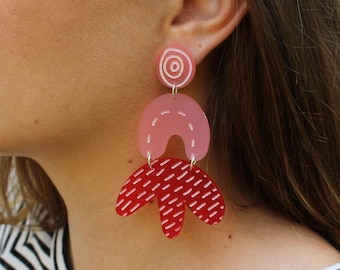 Red & Pink Acrylic Statement Earring - Colourful Abstract Earrings - Matisse Inspired Earrings - Dangly Earrings - Spring Summer Earrings