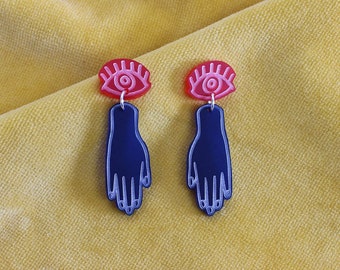 Blue Hand Shaped Earrings - Red Acrylic Eye Earrings - Statement Earrings - Acrylic Jewellery - Fun Earrings - Colourful Jewellery