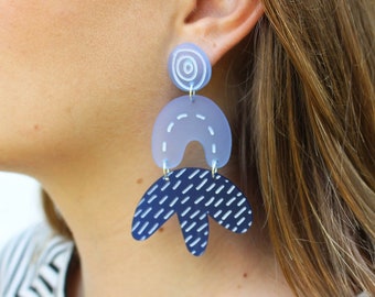 Patterned Acrylic Abstract Earring - Blue - Statement Earrings - Acrylic Earrings - Patterned Jewellery