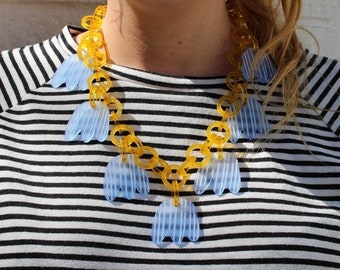 Bold Abstract Acrylic Necklace - Yellow and Blue Statement Jewellery- Fun Necklace - Unique Jewellery - Chain Necklace - Laser Cut Necklace