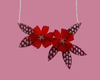 Acrylic Floral Necklace in Red and Purple -Personalised Necklace - Flower Necklace - Spring Necklace - Gift for Her - Gift for Mum