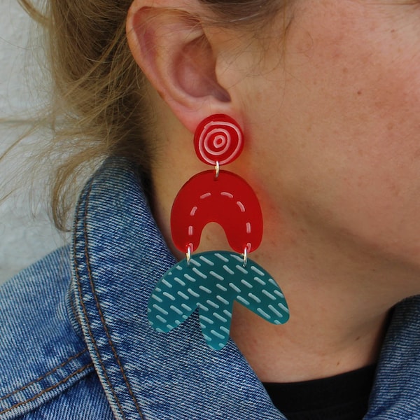 Oversized Teal & Red Abstract Earring - Statement Earrings - Maximalist Style - Colourful Dangly Earrings - Acrylic Earrings