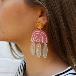 Pink and Yellow Statement Earrings - Acrylic Abstract Earrings - Dangly Drop Earring - Clip on - Spring Earrings - Eyecatching Earring